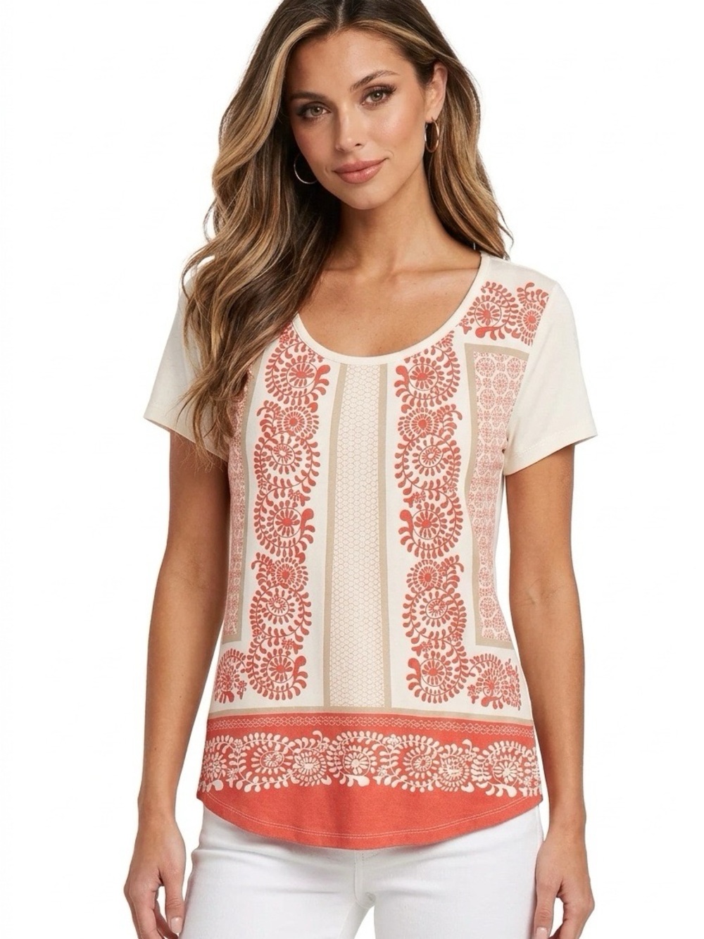 Ann Taylor Cream and Coral Short Sleeve Printed Top